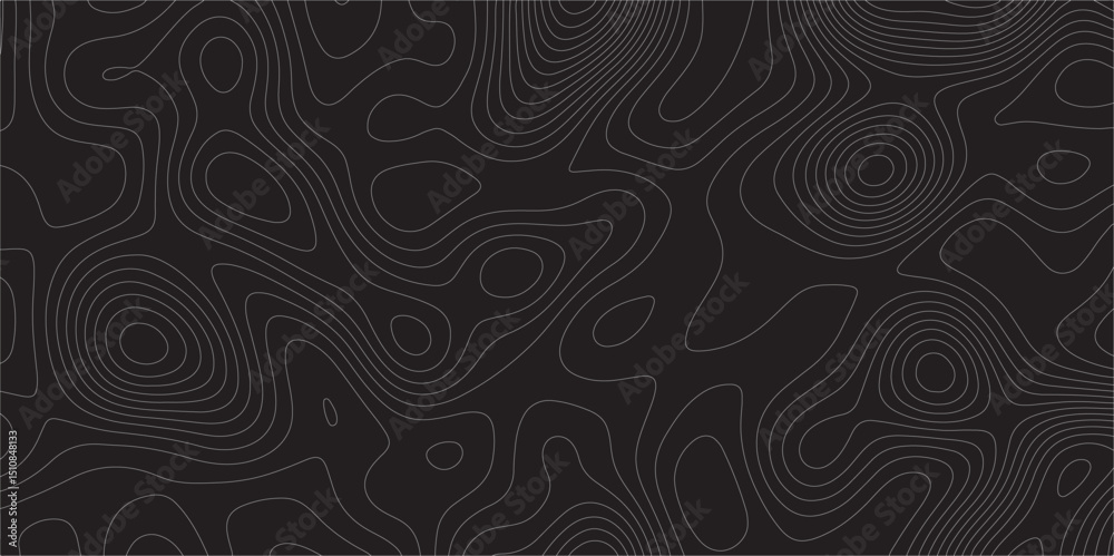 Poster Abstract white on black background Topographic line map pattern. Contour elevation topographic and textured Background Modern design with black background with topographic wavy patted.	