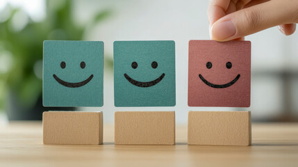 Colorful Emoticon Satisfaction Feedback Concept with Selectable Happy Face for User Experience Design