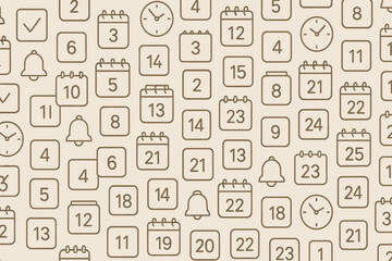 Calendar design featuring multiple date boxes, clocks, and reminders in a repetitive pattern suitable for planners