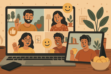 Friends connecting through video chat while enjoying snacks in a cozy home environment