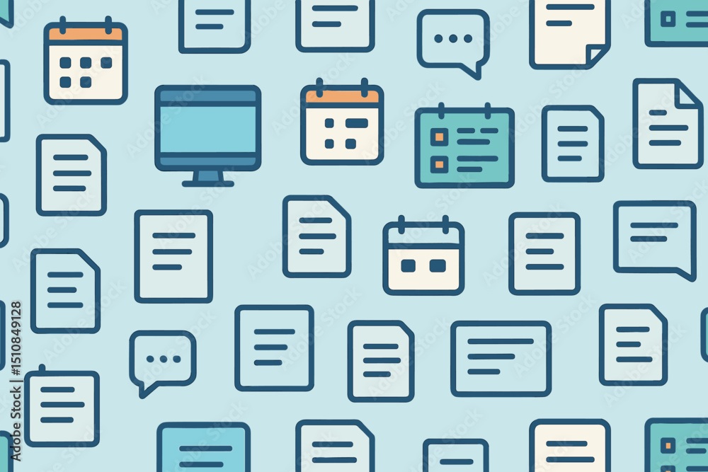 Poster digital workspace illustration featuring various documents and calendar elements in a vibrant patter