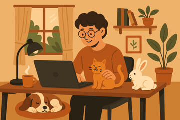 Individual working on a laptop at home surrounded by pets including a cat and a dog during a cozy afternoon