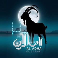 A stunning Eid Al Adha banner featuring a majestic black silhouette of a goat against a serene night sky with a glowing full moon 