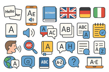 Learning languages through visual tools and resources with various symbols and text elements in a colorful layout