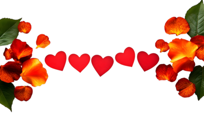 Red hearts and orange rose petals on black