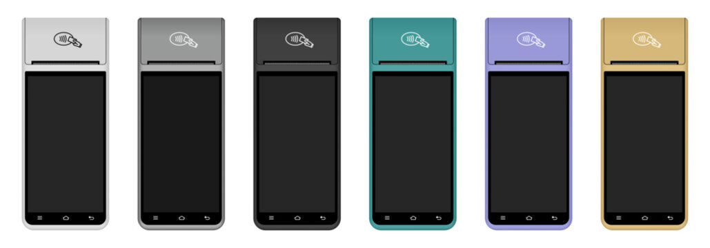 POS Terminal with black screen. Mockup of a white, silver, black, teal, gold wireless terminals. NFC payment machine. Mobile payment. Credit cards are accepted here. Payments device. Banking equipment