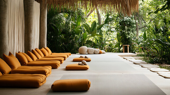 Outdoor Meditation Space with Cushions and Lush Greenery