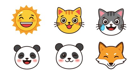 Fototapeta premium Adorable Animal and Sun Emoji Set with Various Emotions and Expressions. Each character is depicted with a clear and charming expression, ranging from pure happiness to a playful wink and a tearful.