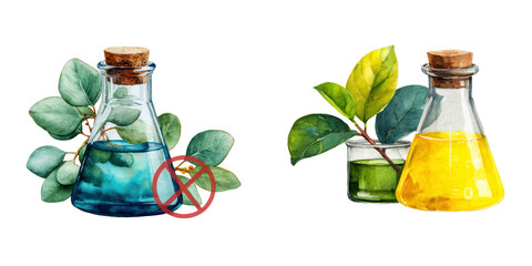 Colorful Laboratory Bottles with Greenery and Caution Symbol