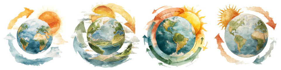 Watercolor Earth artworks with Sun and Elements of Nature