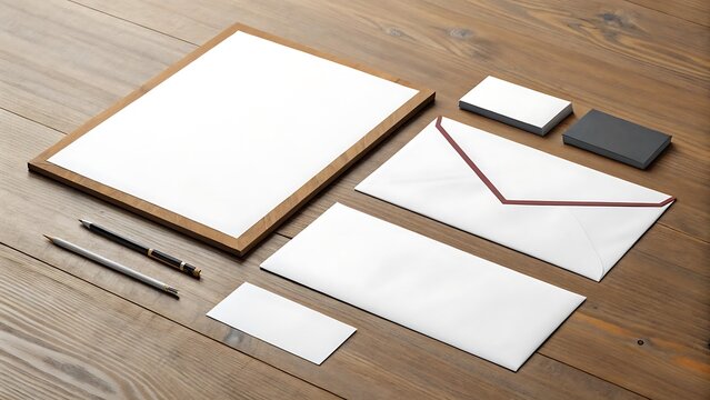 Blank stationery mockup wooden desk branding design