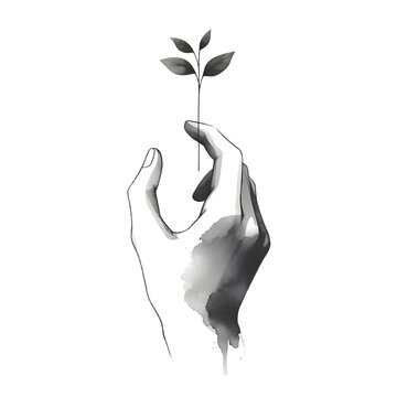 Monochrome illustration of a hand with a plant. plant in hand