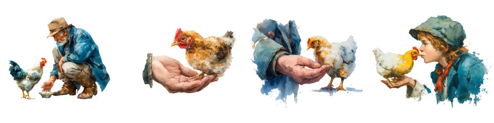 Boy and man caring for chickens in a rural farm setting