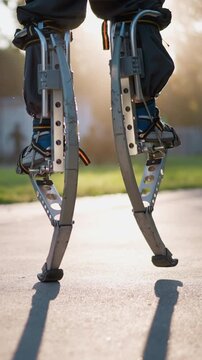 Chap's legs walking on spring stilts along paved path in sunny outdoor setting, wearing dark clothing. Low camera angle focuses on stilts, highlighting movement, balance