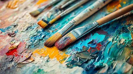 Obraz premium Artist's Palette with Paintbrushes and Vibrant Colors