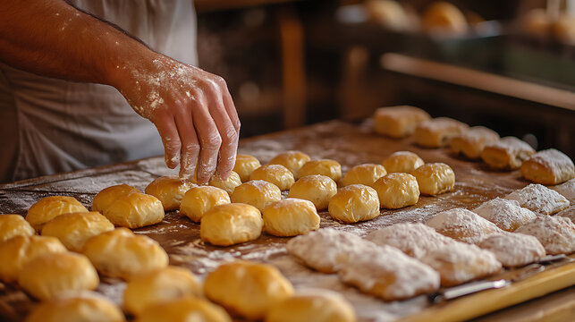 Baker Arranging Freshly Baked Rolls on a Wooden Tray