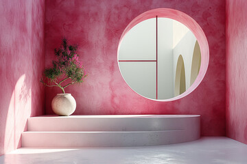 A pink room with a white staircase and a white vase with a plant in it