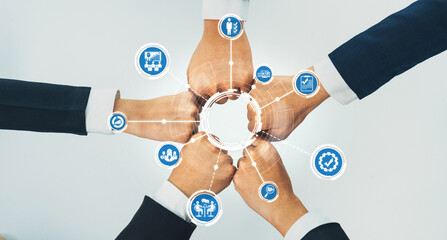 A dynamic visual representation of teamwork and management, showcasing hands united with icons...