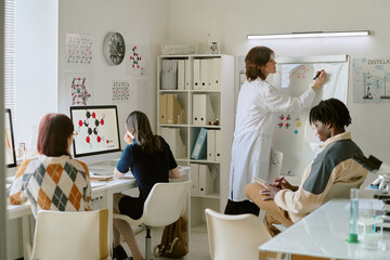Team of student working together in lab setting, with teacher presenting on whiteboard and classmates engaging in discussion and using laptops, fostering an atmosphere of collaboration