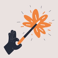 Cartoon vector illustration of a hand wielding a magic wand, representing enchantment, power, and mystical energy © iracosma