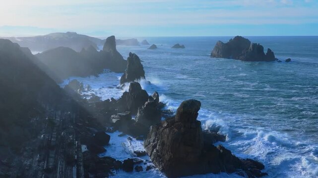 Waves at the Urros de Liencres and Portio Beach in the Dunes of Liencres Natural Park. Liencres, Pi&eacute;lagos Municipality, Costa Quebrada Geopark, Cantabrian Sea, Cantabria, Spain, Europe