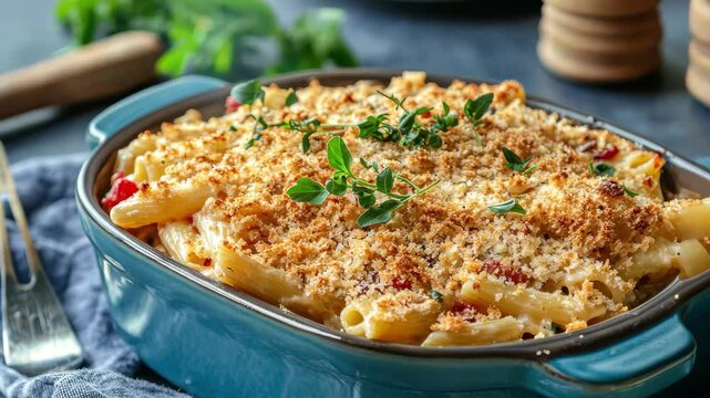 Delicious baked pasta casserole topped with golden breadcrumbs and fresh herbs in a cozy kitchen setting, Delicious baked pasta casserole with golden breadcrumb topping in blue ceramic dish