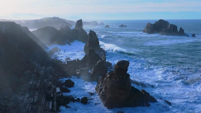 Waves at the Urros de Liencres and Portio Beach in the Dunes of Liencres Natural Park. Liencres, Pi&eacute;lagos Municipality, Costa Quebrada Geopark, Cantabrian Sea, Cantabria, Spain, Europe