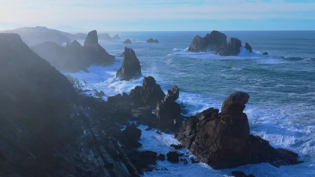 Waves at the Urros de Liencres and Portio Beach in the Dunes of Liencres Natural Park. Liencres, Pi&eacute;lagos Municipality, Costa Quebrada Geopark, Cantabrian Sea, Cantabria, Spain, Europe