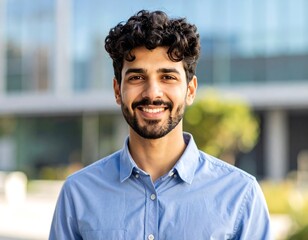 Smiling man in light blue shirt