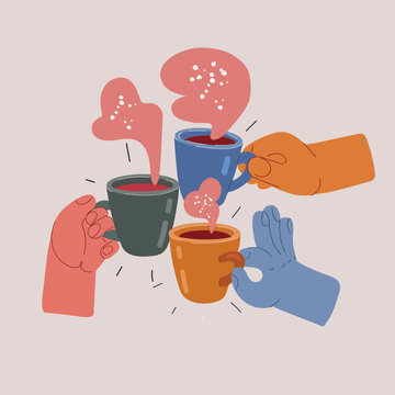 Cartoon vector illustration of three people&rsquo;s hands clinking cups of tea or coffee, symbolizing friendship and togetherness
