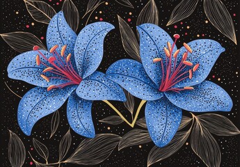 Stylized Blue Lily Flowers with Gold Leaves on Dark Background for Elegant Decor
