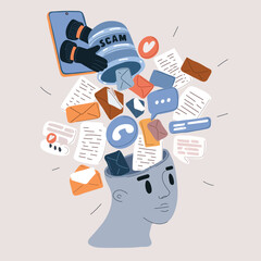 Cartoon vector illustration of a bucket of scam being thrown at a person's head from a mobile phone screen, symbolizing online scams and digital threats
