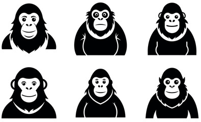 Simple black and white gorilla icons set