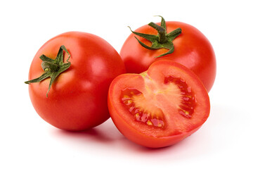 Fresh Red Tomatoes with Sliced Half, Isolated on White Background