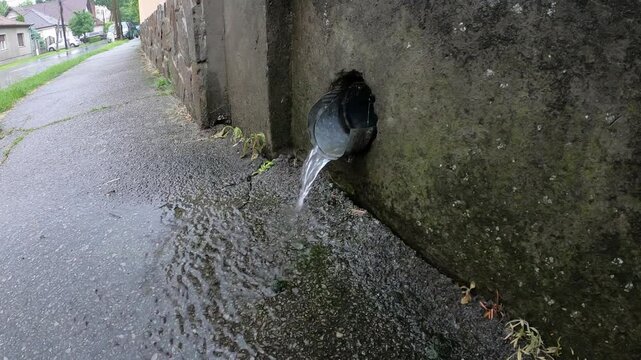 raining heavily, rainwater is pouring out of a drainpipe onto the asphalt sidewalk, water flowing into the water 