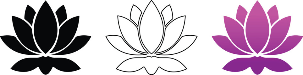 Lotus flower icon set in silhouette and colorful gradient styles representing purity, meditation, and wellness