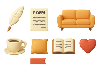 Poetry Elements Icons. 3D icon set of poetry reading: quill pen, poem page, open book, couch, cushion, coffee cup, bookmark, heart