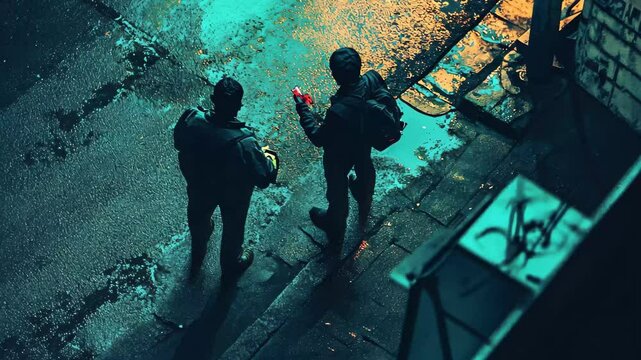 Suspicious characters in dark alley carrying unknown items at night under streetlight, CCTV footage of 2 suspicious characters carrying out a drug deal on the street