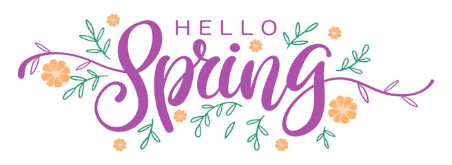 Hello Spring lettering and colorful flowers. Flat style vector illustration. Vector eps © sense