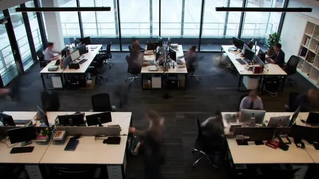 Time-lapse view of a busy modern office. Blurred motion of employees highlights a dynamic, productive workflow in a bright, open-plan corporate space.