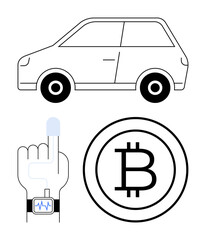 Car icon symbolizing transportation, bitcoin sign for cryptocurrency, and wearable health device on an index finger. Ideal for finance, tech, innovation, health, mobility blockchain data. Flat