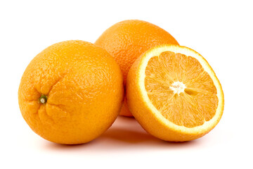 Fresh Oranges with a Half Cut, Isolated on White Background