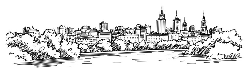 Naklejka premium city skyline with river and trees hand drawn vector illustration