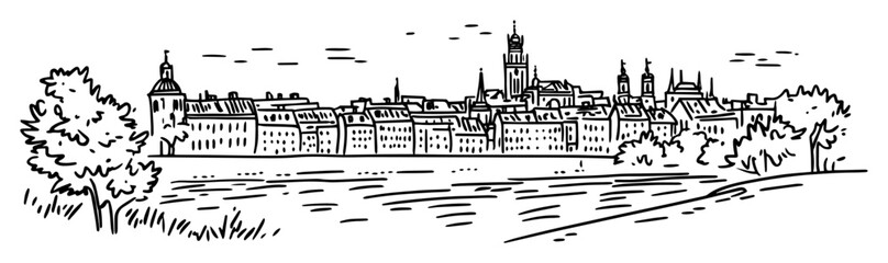 Obraz premium old european town panorama with river and trees