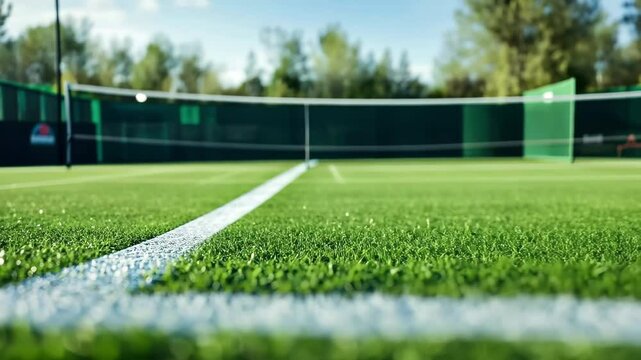 Closeup of green grass on a tennis court with a white line marking the baseline in bright sunlight, Closeup of green grass on a tennis court with a white line and blurred background
