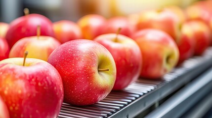 Fresh red apples on a conveyor belt in a modern fruit processing facility