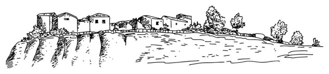 hilltop village with stone houses and trees