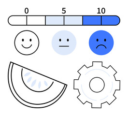 Feedback bar with numbers, happy to sad emoticons, watermelon slice, and gear representing sentiment, productivity, and metric evaluation. Ideal for surveys, UX design, data analysis research user