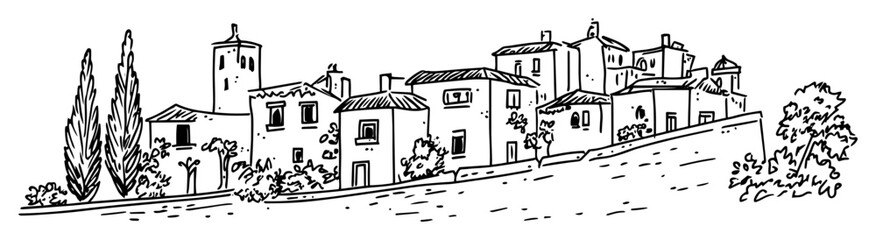 mediterranean village on hill with cypress trees