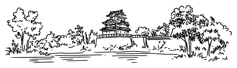 japanese castle with lake and trees sketch